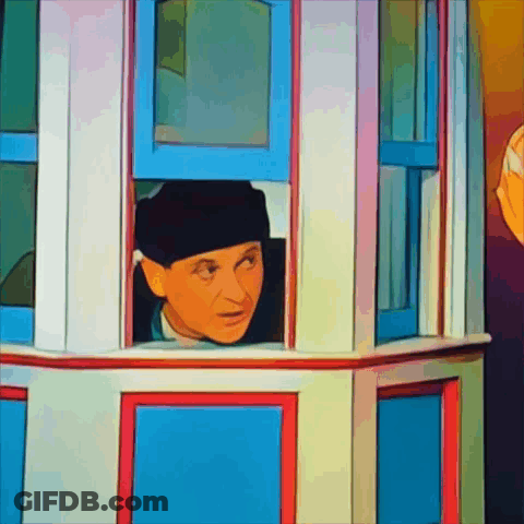 A Man In A Black Hat Looks Out Of A Window GIF