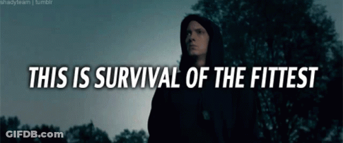 A Man In A Black Hoodie Stands In Front Of Trees With The Words " This Is Survival Of The Fittest " GIF