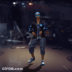 A Man In A Black Jacket And Blue Shorts Is Standing In A Dark Room GIF