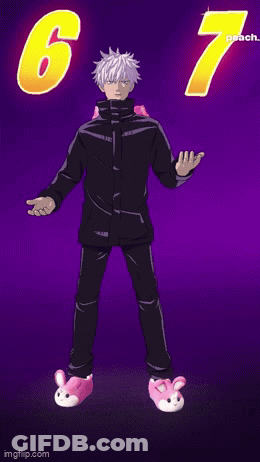 A Man In A Black Jacket And Pink Bunny Slippers Is Standing In Front Of A Purple Background With The Number 67 On It GIF