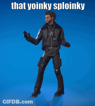 A Man In A Black Jacket Is Dancing With The Words That Yoinky Sploinky Above Him GIF