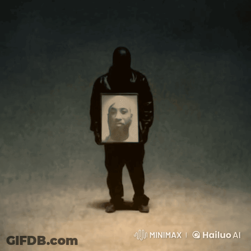 A Man In A Black Jacket Is Holding A Photo Of A Man GIF