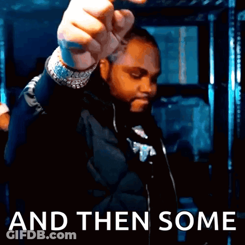 A Man In A Black Jacket Is Holding His Fist Up In Front Of The Words And Then Some GIF