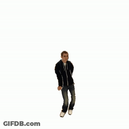 A Man In A Black Jacket Is Jumping In The Air With His Arms Outstretched GIF