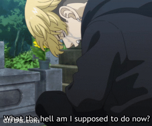 A Man In A Black Jacket Is Kneeling Down With The Words What The Hell Am I Supposed To Do Now Below Him GIF