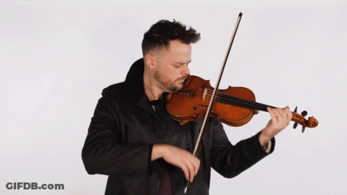 A Man In A Black Jacket Is Playing A Violin On A White Background GIF