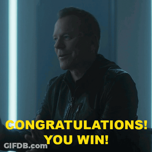 A Man In A Black Jacket Is Smiling With The Words Congratulations You Win Above Him GIF
