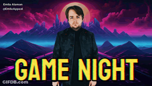 A Man In A Black Jacket Is Standing In Front Of A Game Night Advertisement GIF