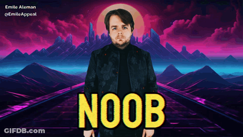 A Man In A Black Jacket Is Standing In Front Of Mountains And The Word Noob Is Written In Yellow GIF