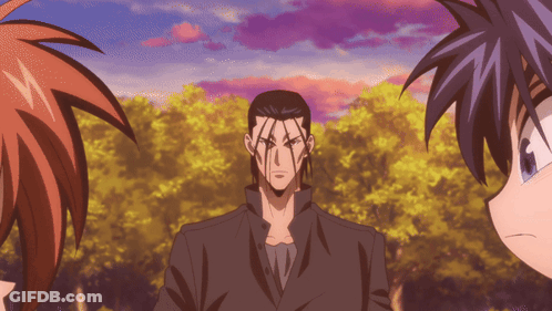 A Man In A Black Jacket Is Standing In Front Of Two Anime Characters GIF