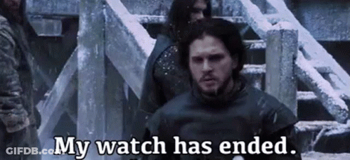 A Man In A Black Jacket Is Standing In The Snow And Says `` My Watch Has Ended '' . GIF