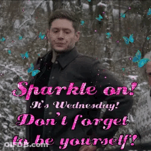 A Man In A Black Jacket Is Standing In The Snow With A Quote That Says `` Sparkle On ! '' GIF