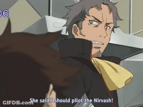 A Man In A Black Jacket Is Talking To Another Man And Says She Said I Should Pilot The Nirvash GIF
