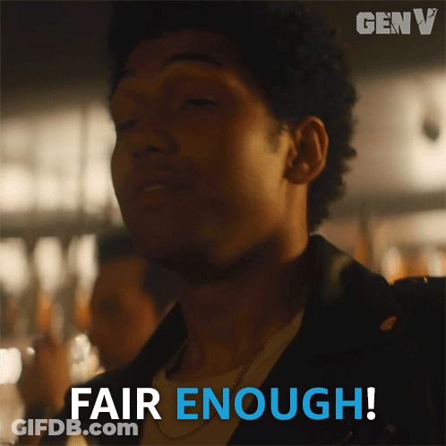 A Man In A Black Jacket Says Fair Enough In Blue Letters GIF