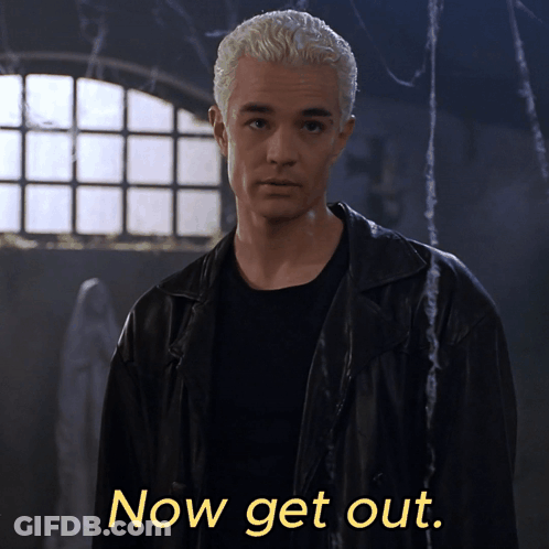 A Man In A Black Jacket Says Now Get Out In Yellow Letters GIF