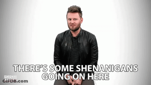 A Man In A Black Jacket Says There 'S Some Shenanigans Going On Here On A White Background GIF