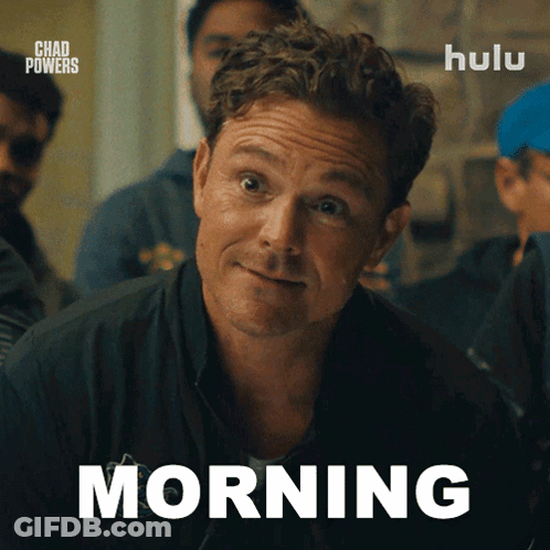 A Man In A Black Jacket With The Word Morning Written On It GIF