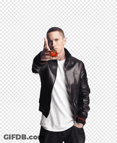 A Man In A Black Leather Jacket Is Holding A Tomato GIF