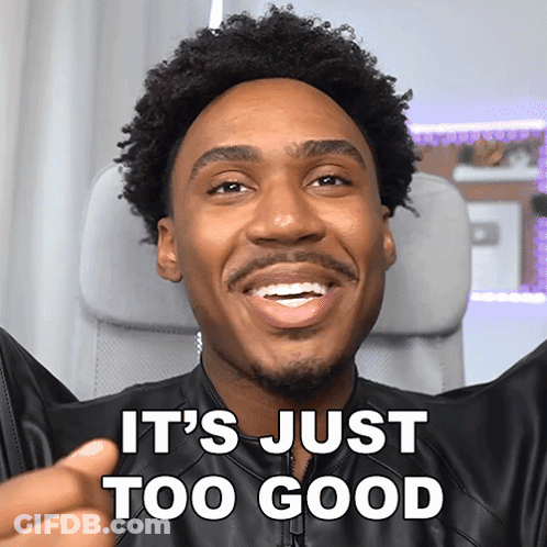 A Man In A Black Leather Jacket Is Smiling And Says It 'S Just Too Good GIF