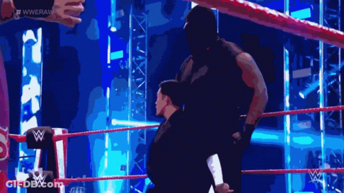 A Man In A Black Mask Is Standing In A Wrestling Ring With A W Logo On The Corner GIF