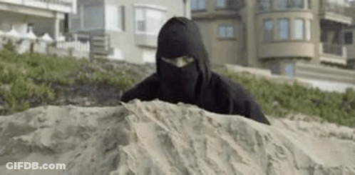 A Man In A Black Ninja Costume Is Hiding In The Sand On The Beach . GIF