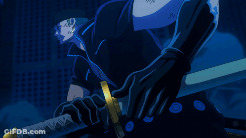 A Man In A Black Outfit Is Holding A Sword With A Blue Light Behind Him GIF