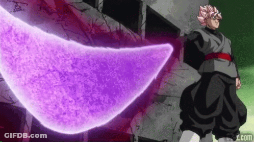 A Man In A Black Outfit Is Standing In Front Of A Building With A Purple Object Coming Out Of It . GIF