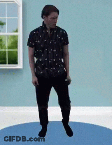 A Man In A Black Shirt And Black Pants Is Standing On A Blue Rug In A Room . GIF