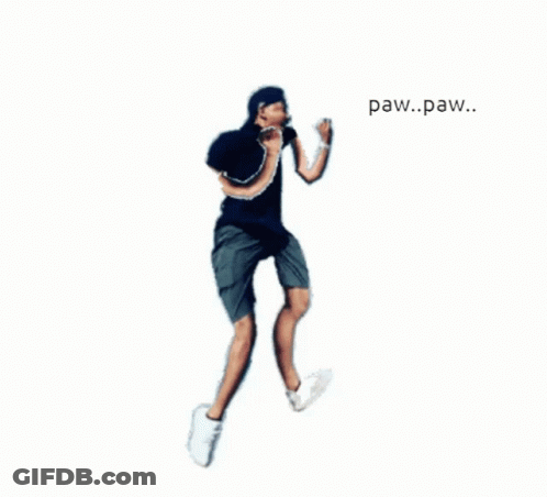 A Man In A Black Shirt And Shorts Is Jumping In The Air With Paw Paw Written Below Him GIF