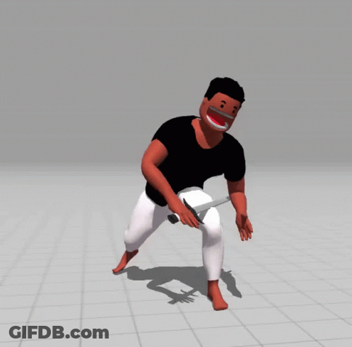 A Man In A Black Shirt And White Pants Is Holding A Knife In His Hand GIF