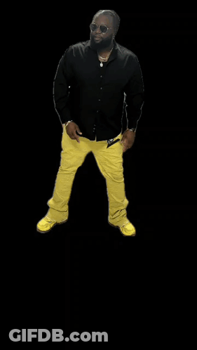 A Man In A Black Shirt And Yellow Pants Is Standing In Front Of A Sign That Says " On Bidness " GIF
