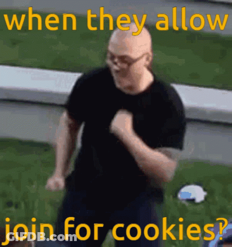 A Man In A Black Shirt Is Dancing With The Words " When They Allow Join For Cookies " GIF