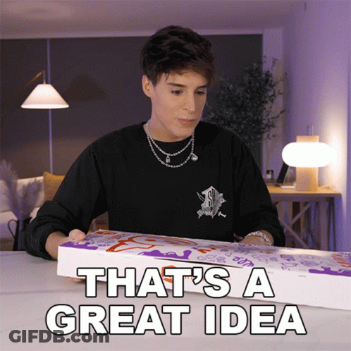 A Man In A Black Shirt Is Holding A Box That Says " That 'S A Great Idea " GIF