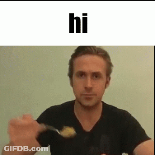 A Man In A Black Shirt Is Holding A Spoon In His Hand And Saying Hi . GIF