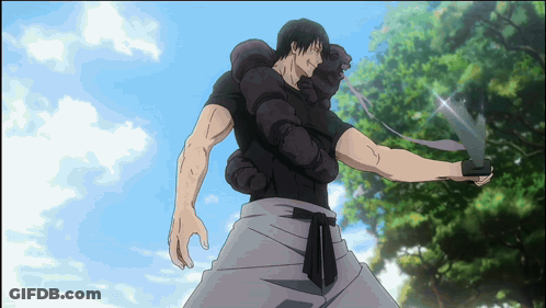 A Man In A Black Shirt Is Holding A Sword GIF