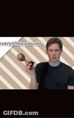 A Man In A Black Shirt Is Holding A Trophy In Front Of A Striped Background That Says " Everytime You Do " GIF