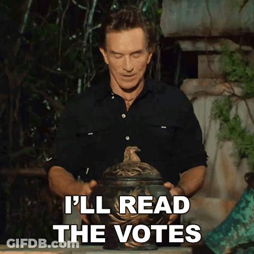 A Man In A Black Shirt Is Holding A Urn And Says I 'Ll Read The Votes GIF