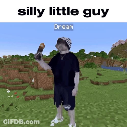 A Man In A Black Shirt Is Holding An Ice Cream Cone In A Minecraft World With The Words Silly Little Guy Above Him GIF
