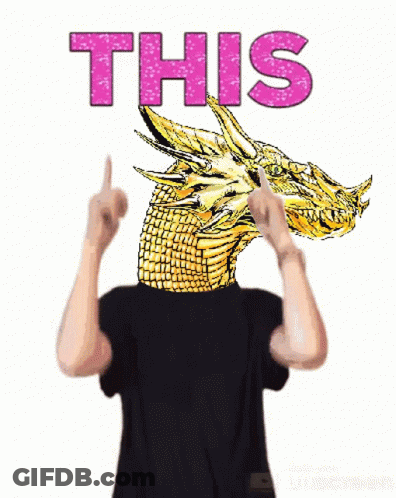 A Man In A Black Shirt Is Holding Up His Fingers In Front Of A Picture Of A Dragon And The Word This GIF
