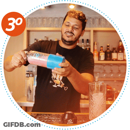 A Man In A Black Shirt Is Pouring A Drink Into A Glass With A 30 Circle Around Him GIF