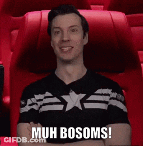 A Man In A Black Shirt Is Sitting In A Red Chair With His Arms Crossed And Says Muh Bosoms ! GIF