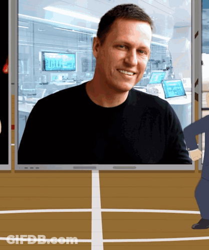 A Man In A Black Shirt Is Smiling In Front Of A Window With A Computer Monitor That Says ' 00 ' On It GIF