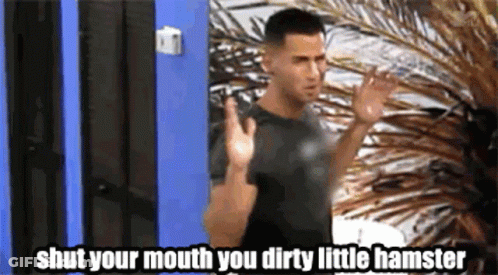 A Man In A Black Shirt Is Standing In Front Of A Blue Door And Says `` Shut Your Mouth You Dirty Little Hamster '' . GIF