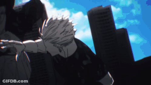 A Man In A Black Shirt Is Standing In Front Of A Blue Sky And Buildings . GIF