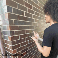 A Man In A Black Shirt Is Standing In Front Of A Brown Brick Wall GIF