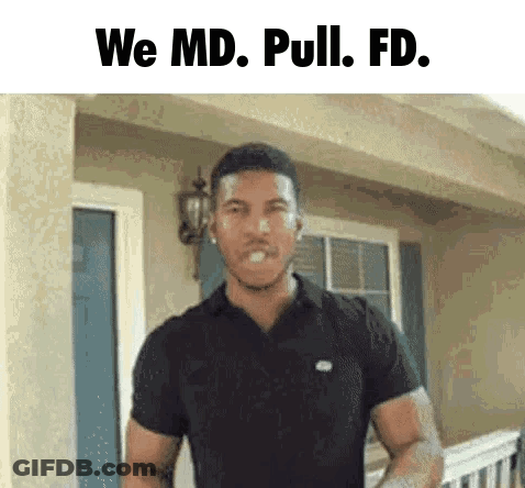 A Man In A Black Shirt Is Standing In Front Of A House With The Words We Md Pull Fd Written Above Him . GIF