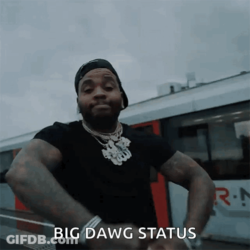 A Man In A Black Shirt Is Standing In Front Of A Train With His Hands On His Hips And Says Big Dawg Status GIF
