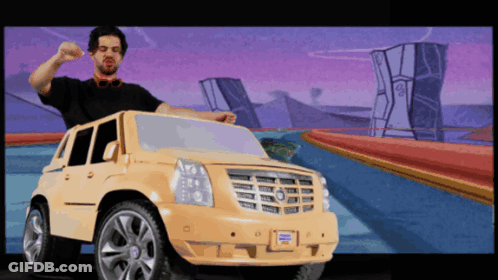 A Man In A Black Shirt Is Standing Next To A Cadillac GIF