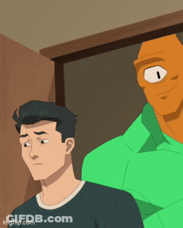 A Man In A Black Shirt Is Standing Next To A Green Man With One Eye GIF