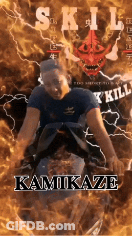 A Man In A Black Shirt Is Surrounded By Flames And Says Kamikaze GIF